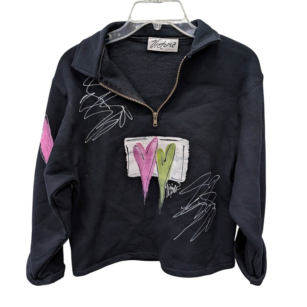 Victoria Art to Wear Quarter Zip Sweatshirt Black Heart Hand Painted Graphic USA